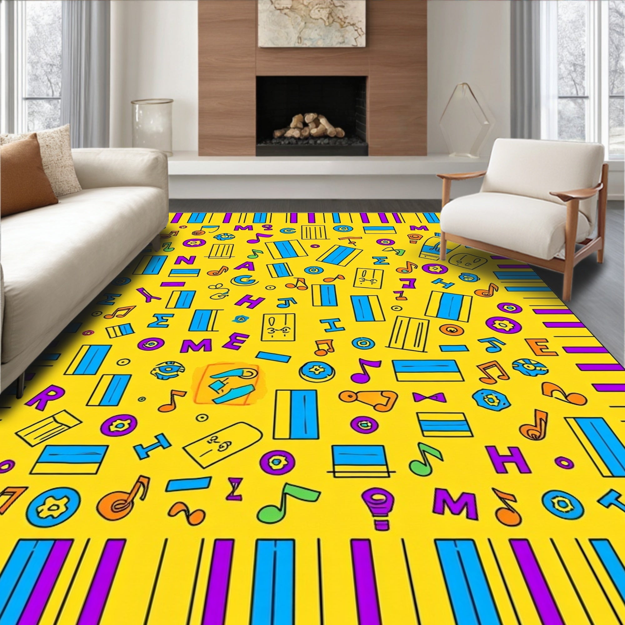 Cheerful Yellow Music Note Icons Rug