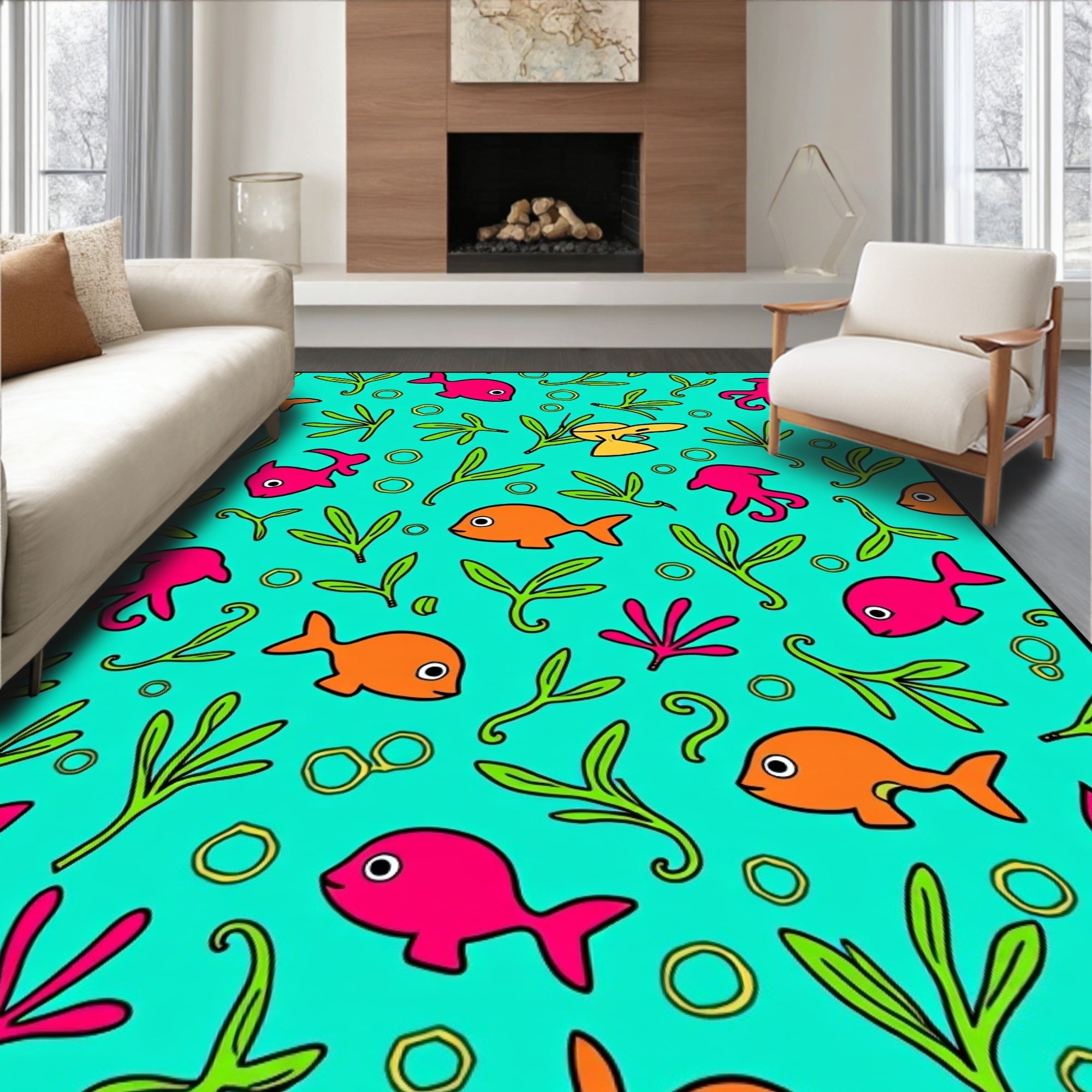 Playful Fish and Seaweed Ocean Scene Rug