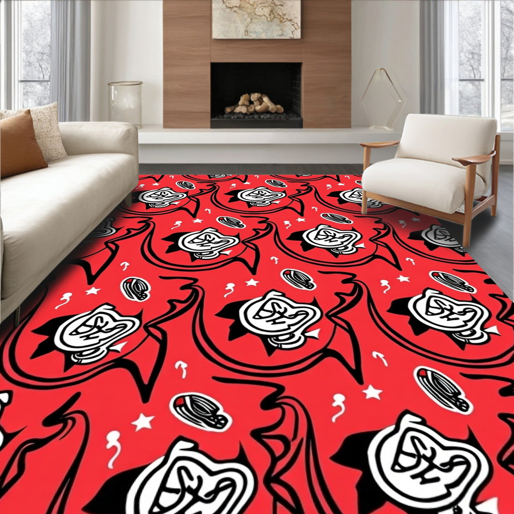 Bold Red Cartoon Faces Stars Rug
