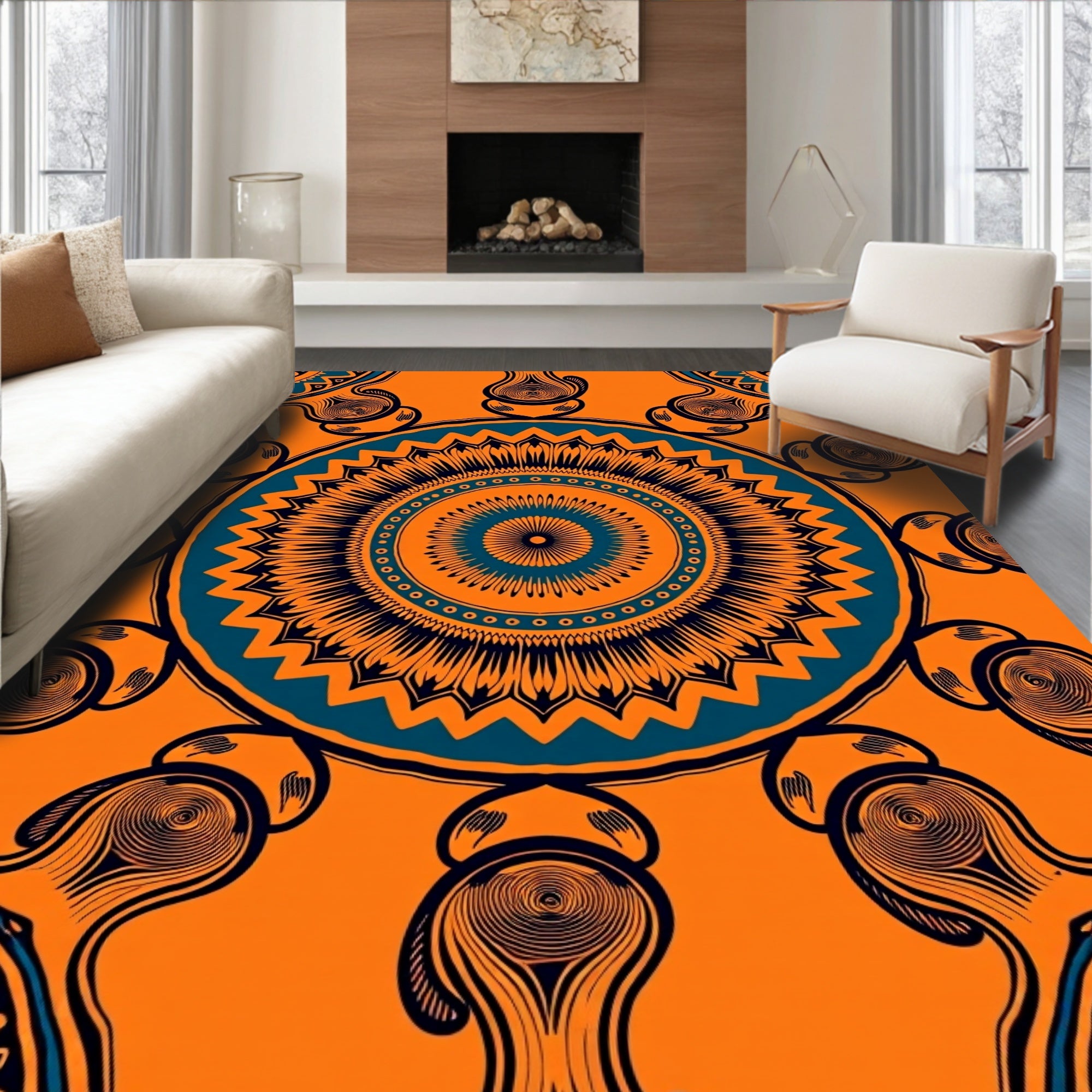 Radiant Orange Teal Mandala medallion Rug