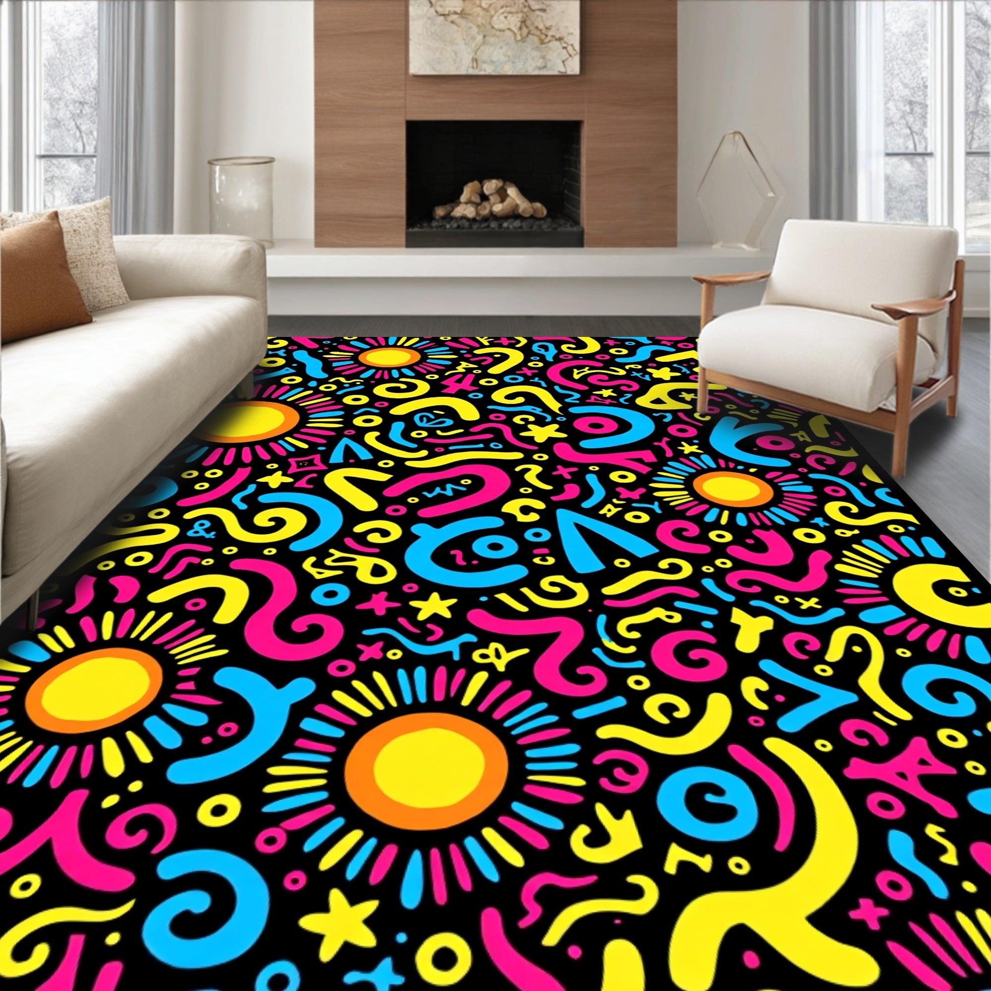 Vibrant Sunburst Shapes Abstract Rug