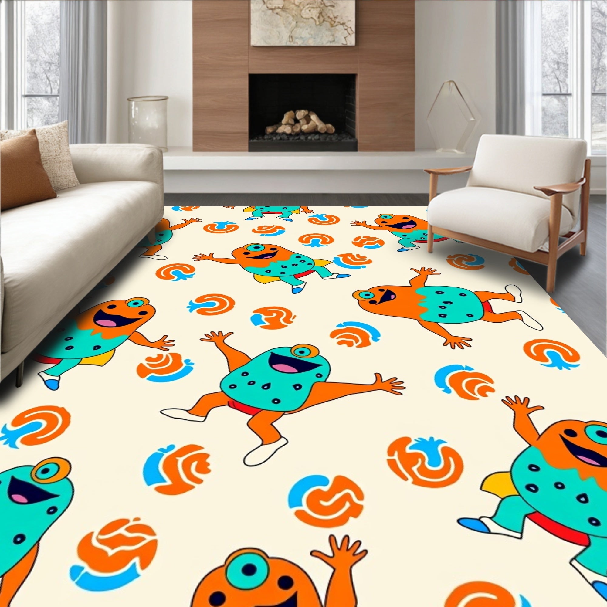 Playful Orange Teal Monster Swirls Rug