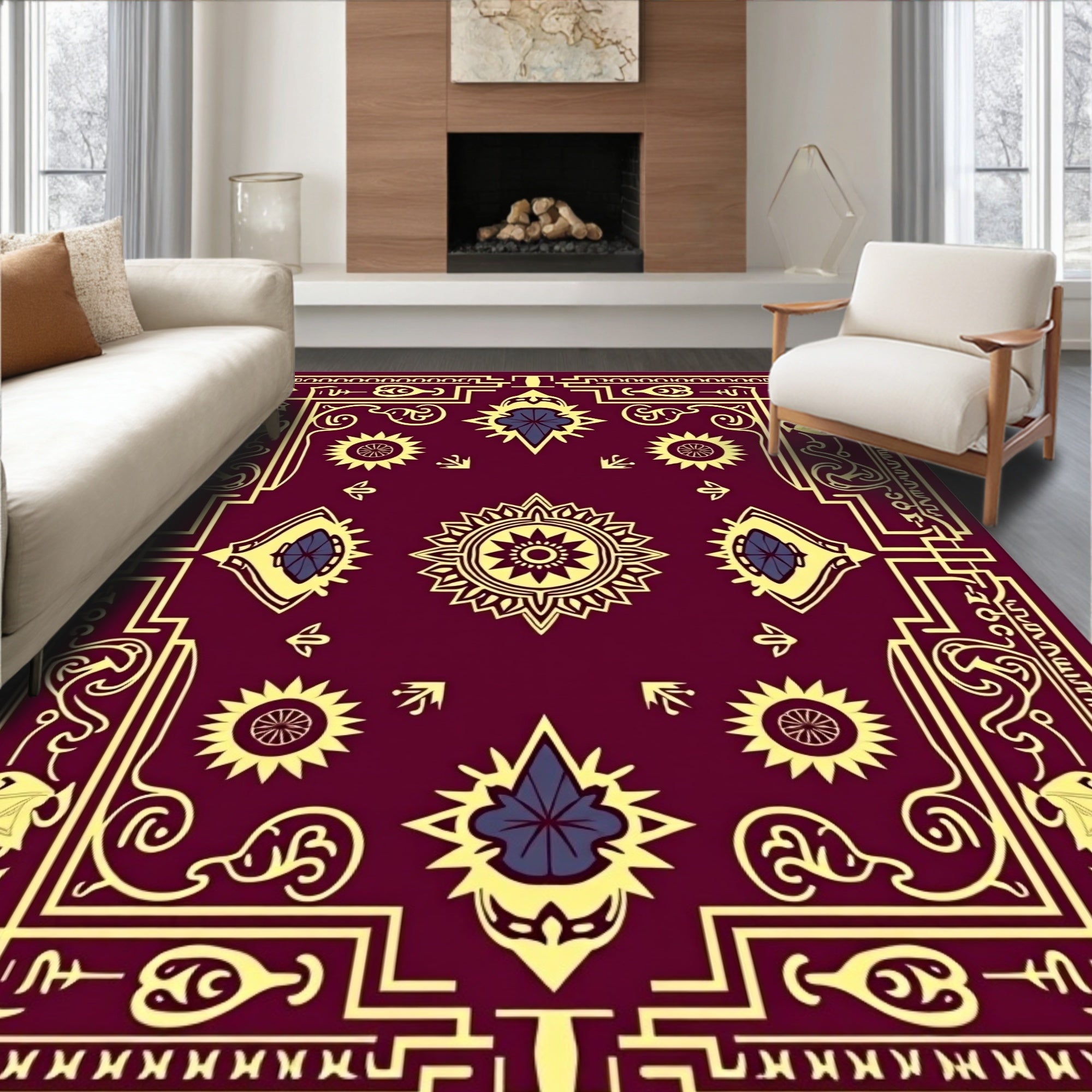 Maroon and Gold Sun Mandala Border Rug