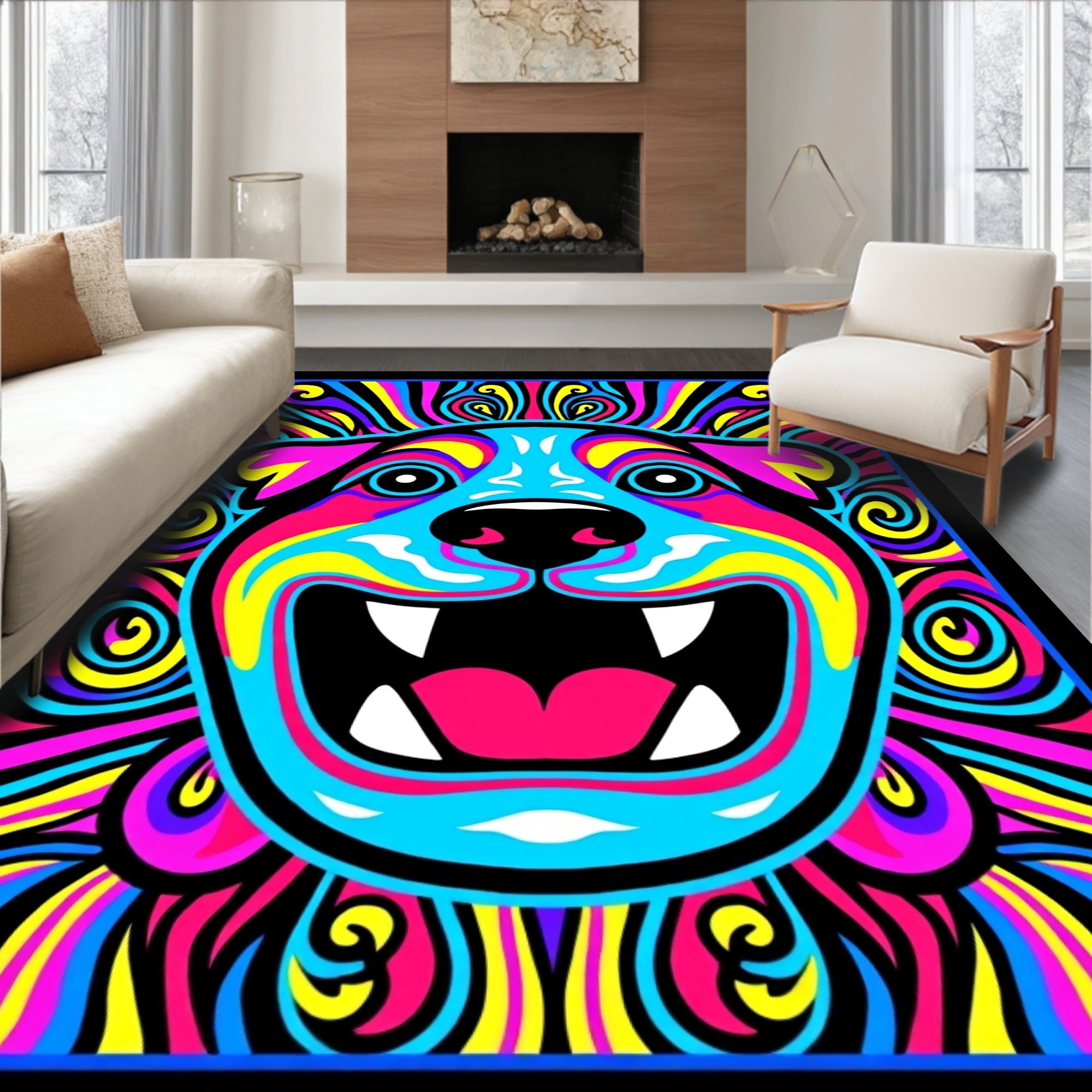 Trippy Neon Dog Swirls Rug