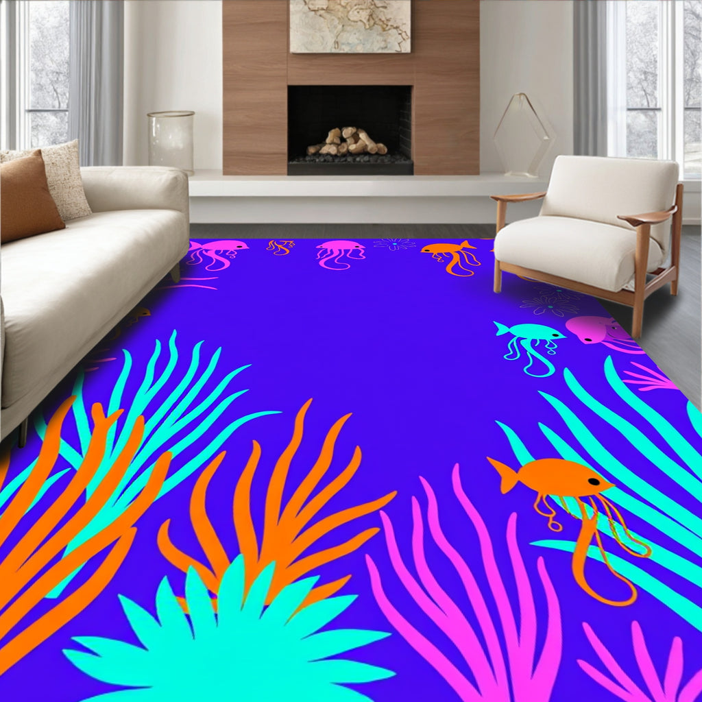 Vibrant Coral Fish Jellyfish Bloom Rug