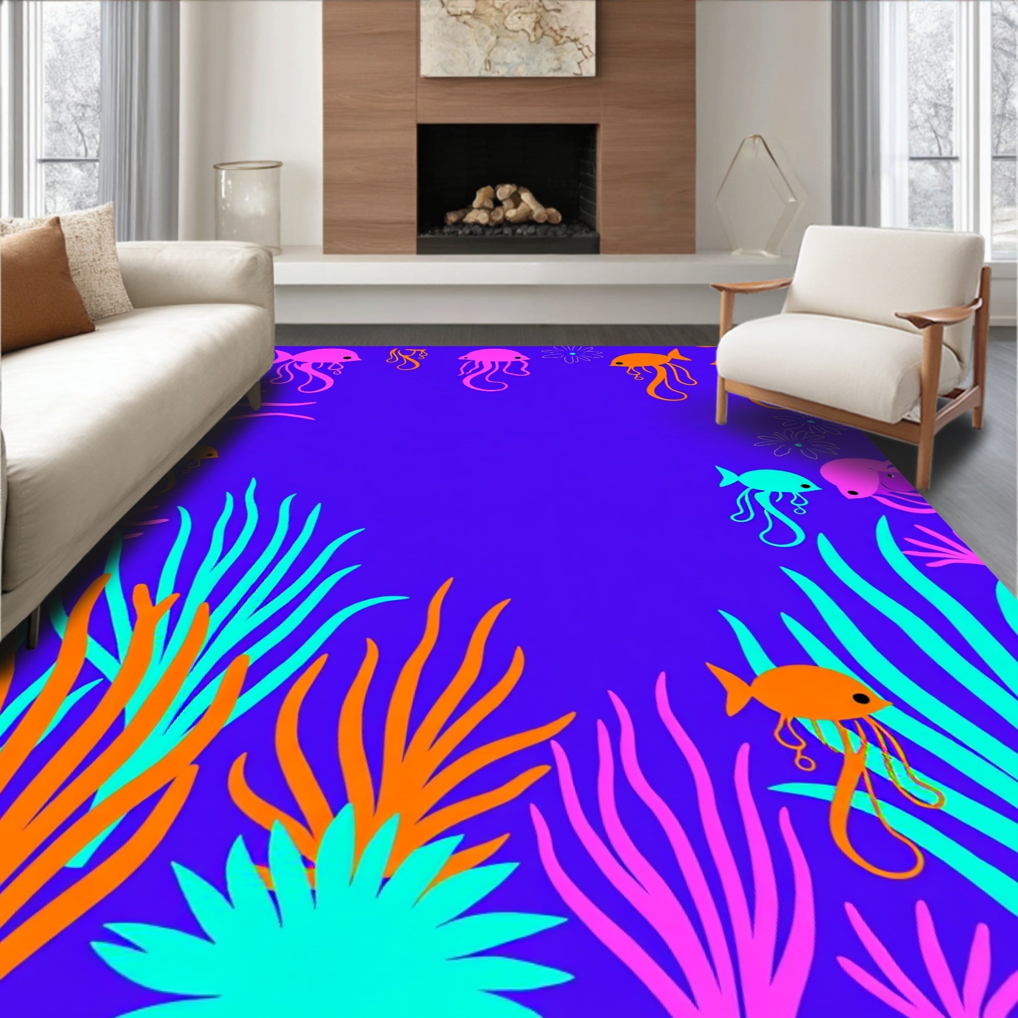 Vibrant Coral Fish Jellyfish Bloom Rug