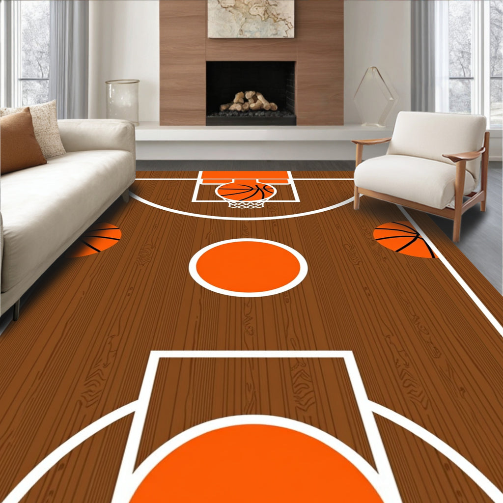 Brown Wood Court Basketball Circles Rug