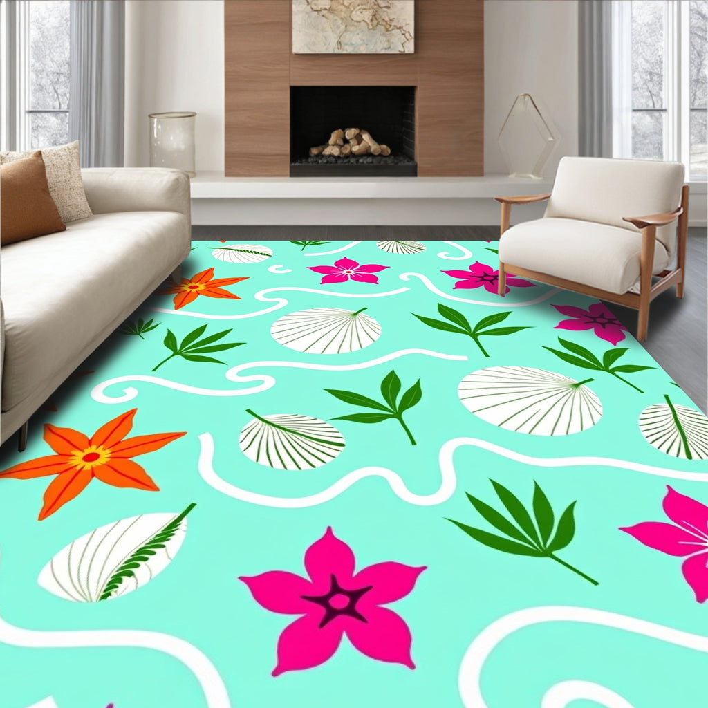 Aqua Orange Pink Floral Wave Rug