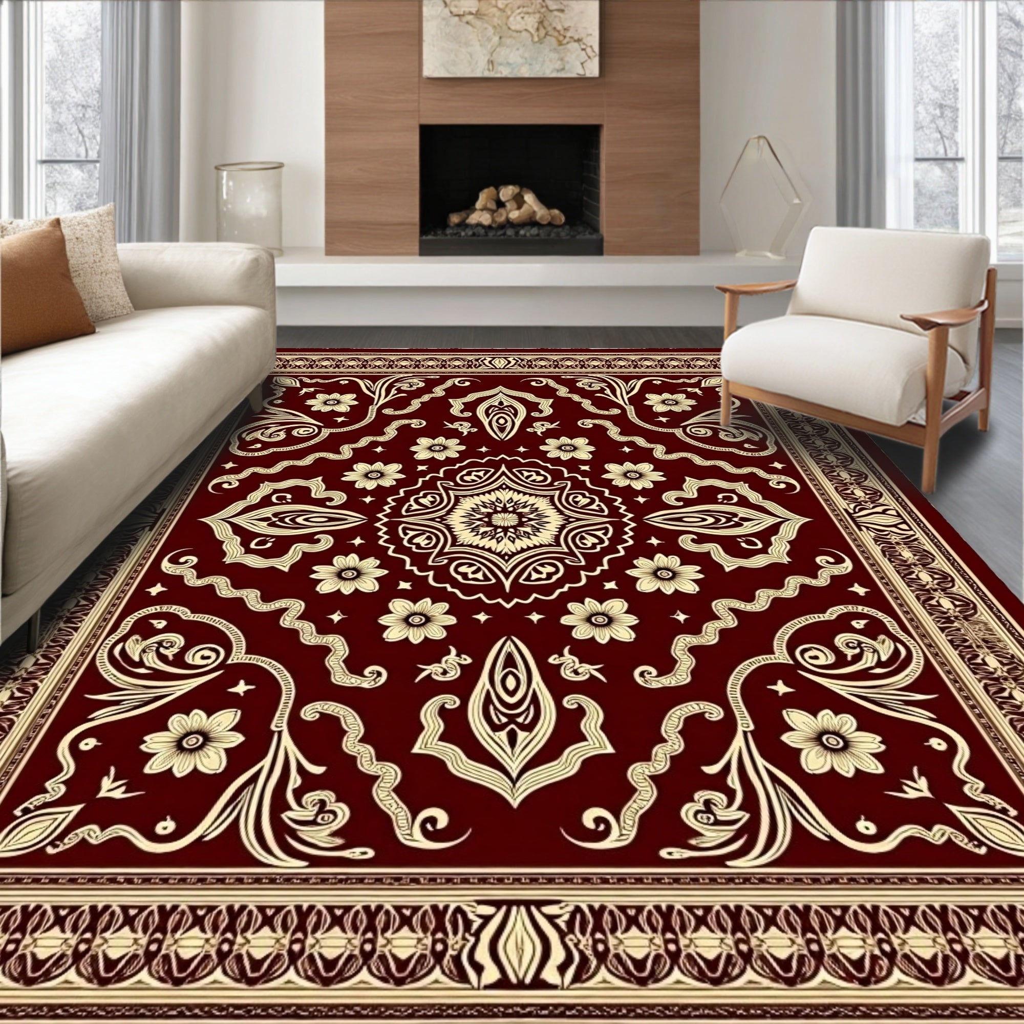Crimson Cream Floral Ornamental Rug