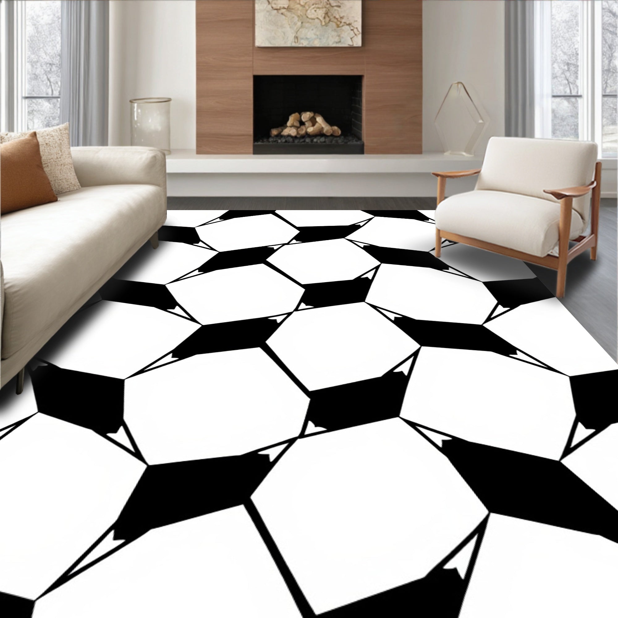 Abstract Black White Geometric Hexagons Rug