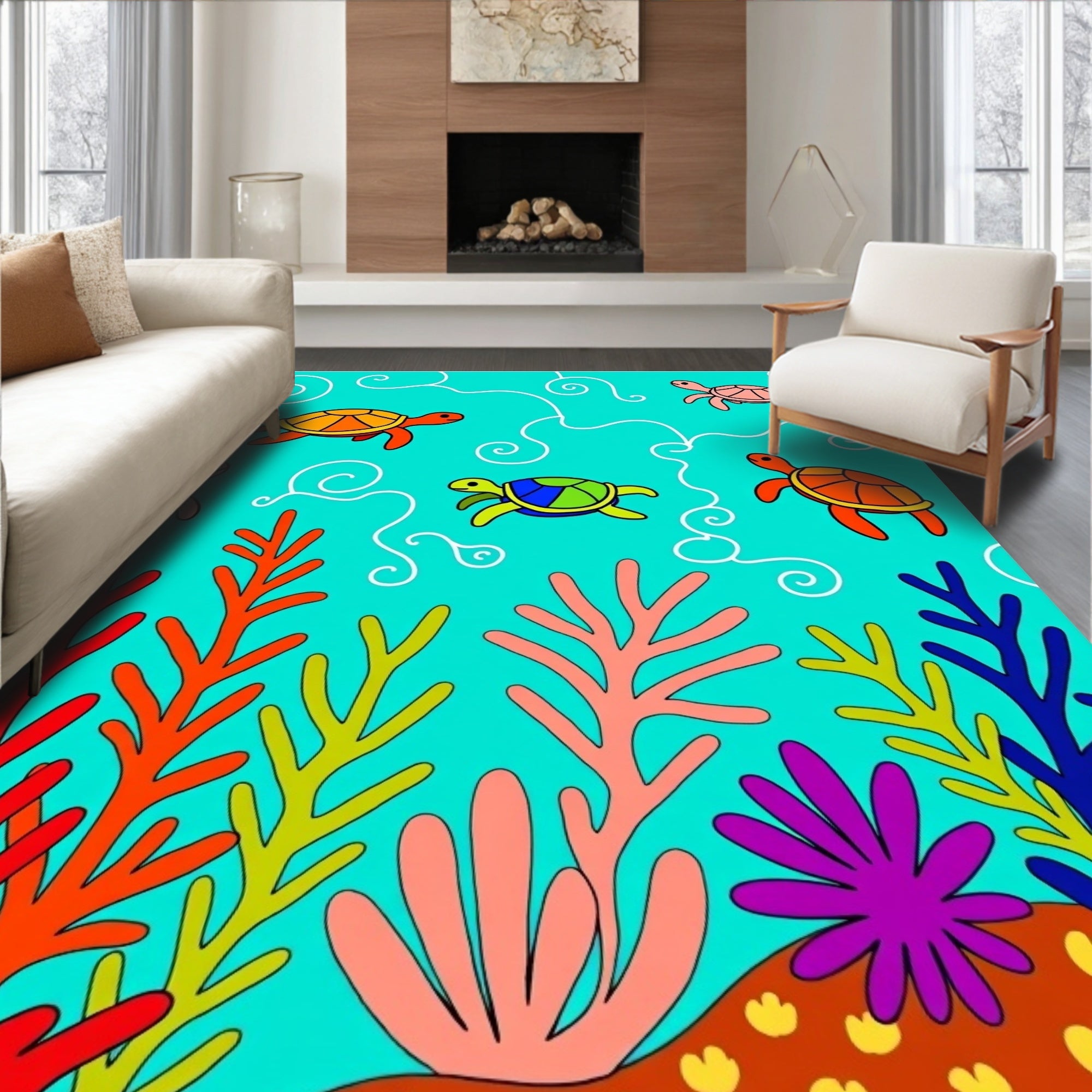 Vibrant Coral Reef Turtle Scene Rug