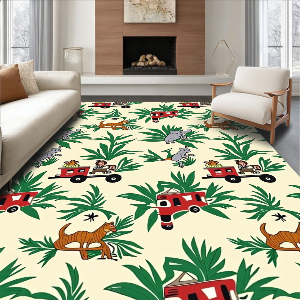 Cartoon Jungle Animals Red Train Tropical Rug