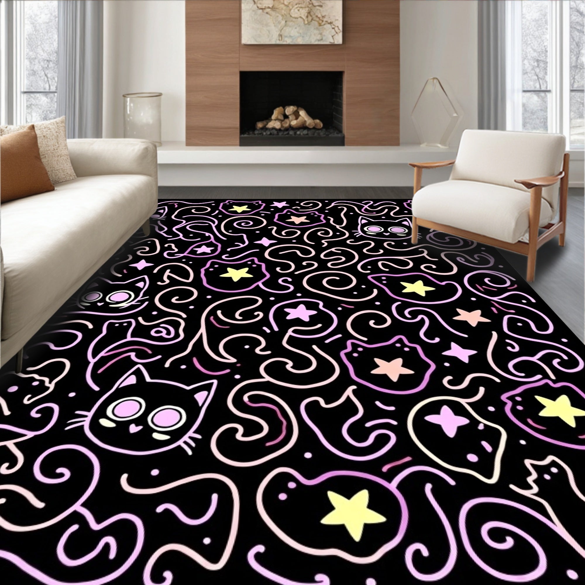 Cute Cat Swirls Starry Night Rug