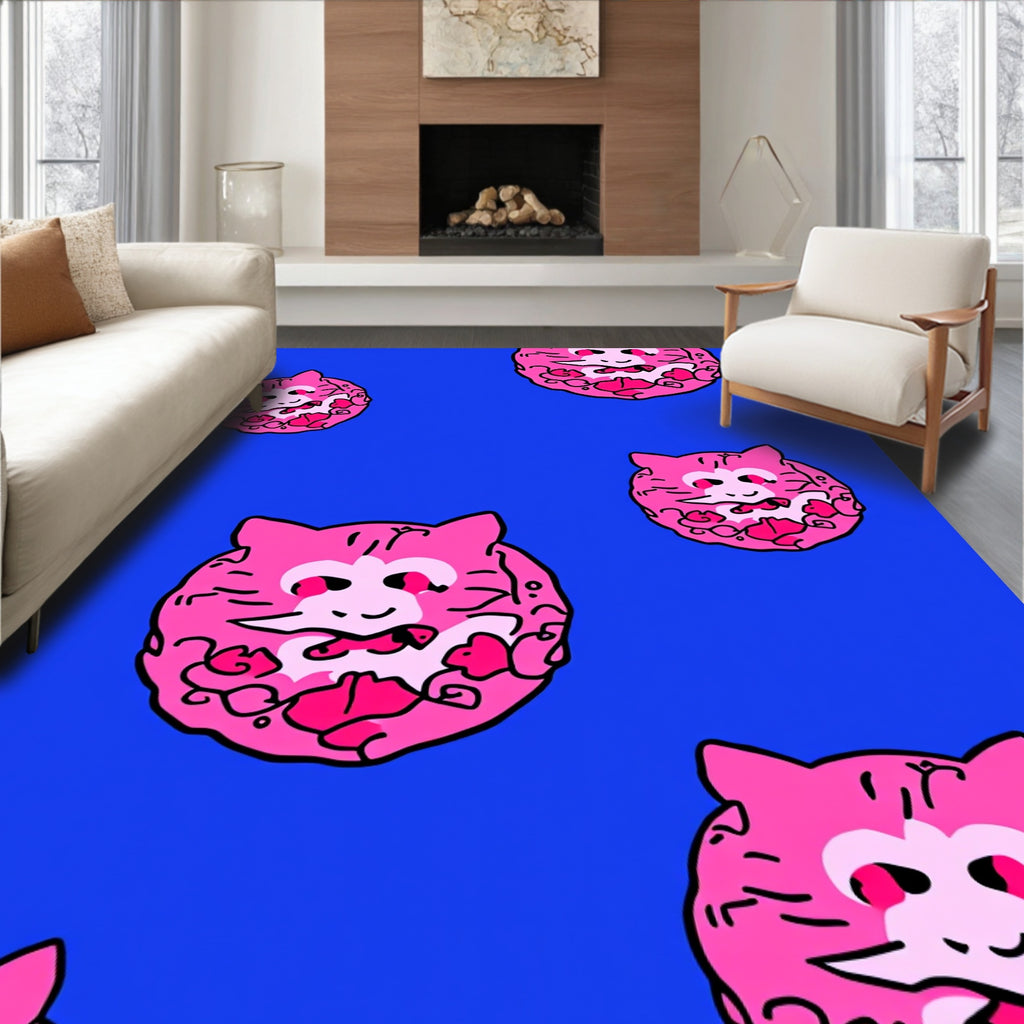Pink Cat Faces On Royal Blue Rug