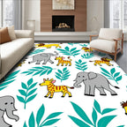 Cute Safari Animals Green Leaves Rug