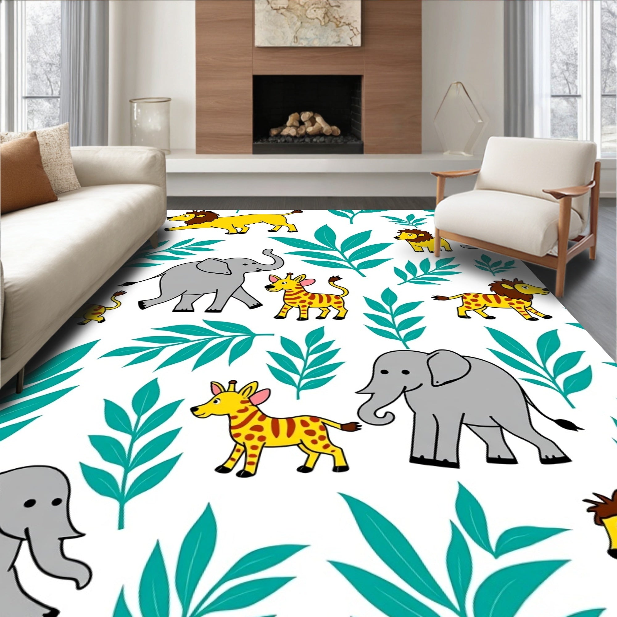 Cute Safari Animals Green Leaves Rug