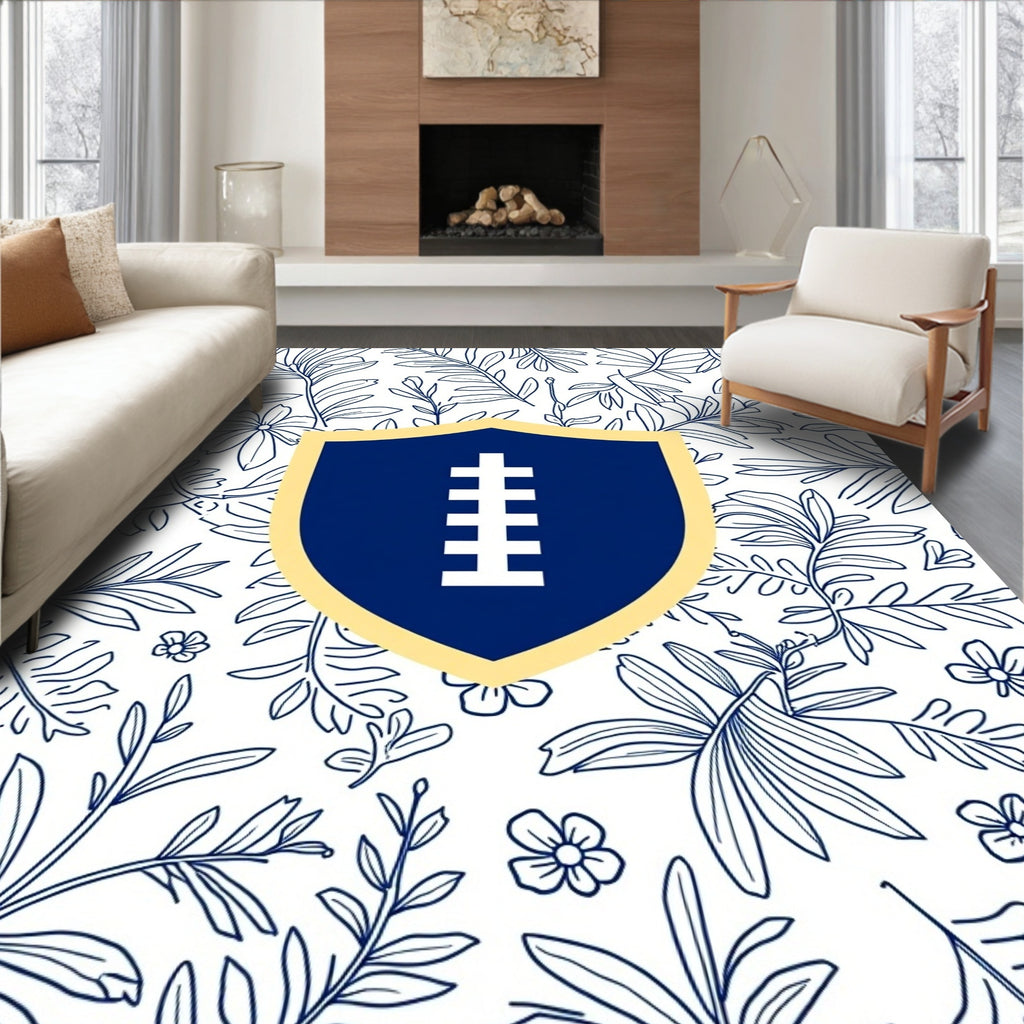 Navy Blue Shield Botanical Line Art Rug