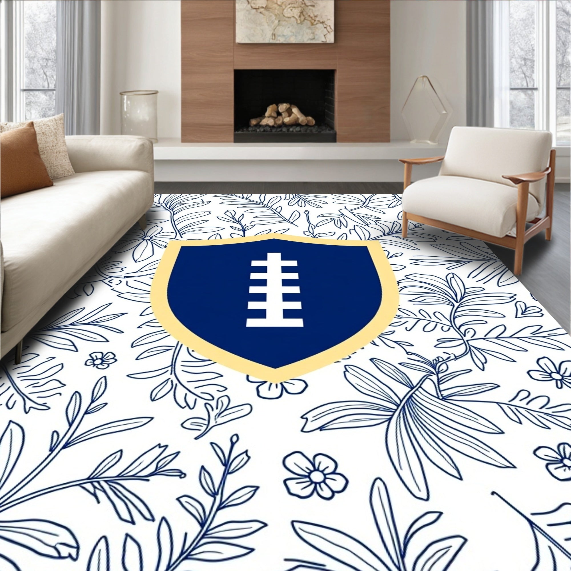 Navy Blue Shield Botanical Line Art Rug