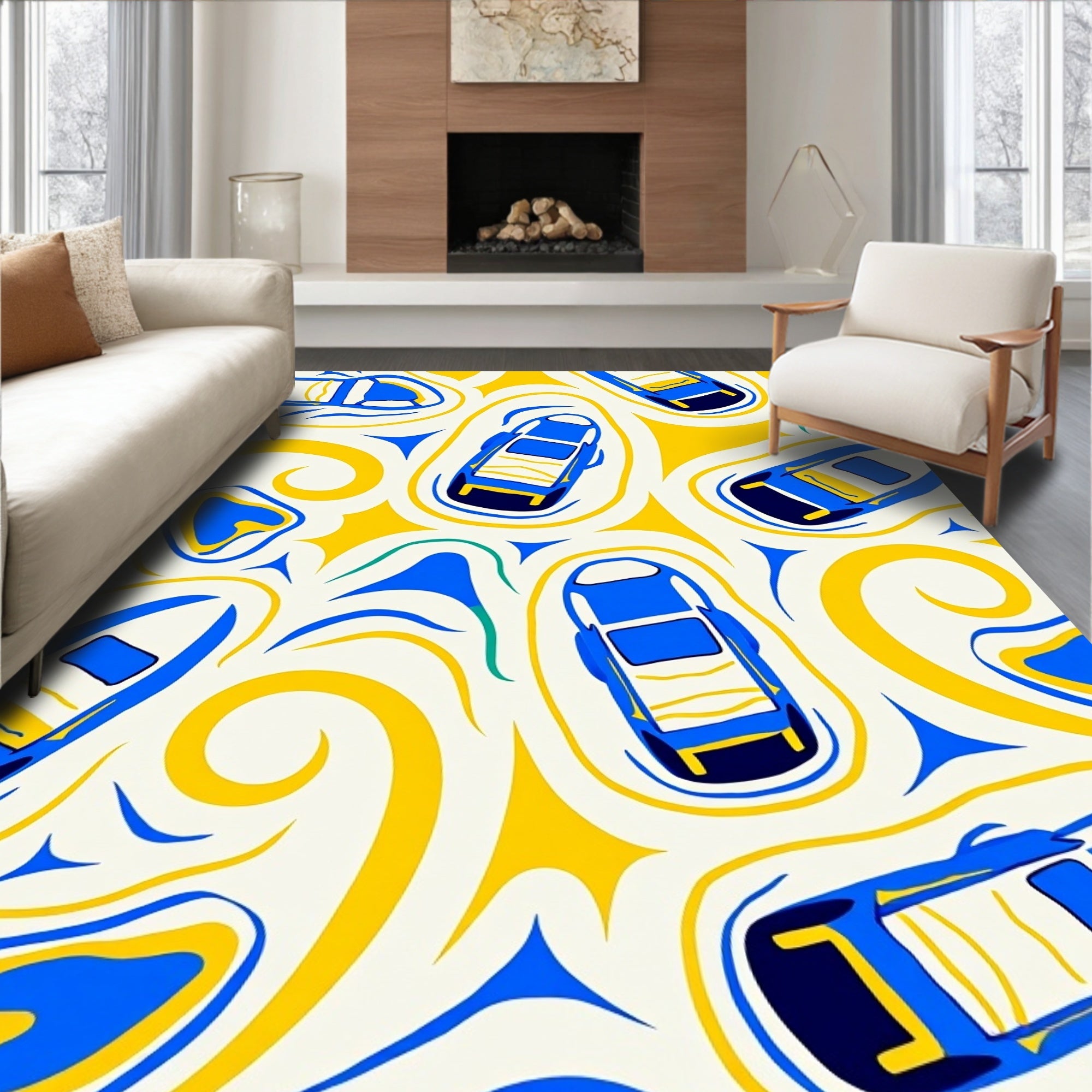 Blue Yellow Retro Car Swirl Rug