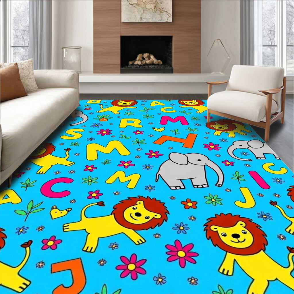 Whimsical Lion Elephant Alphabet Blue Rug