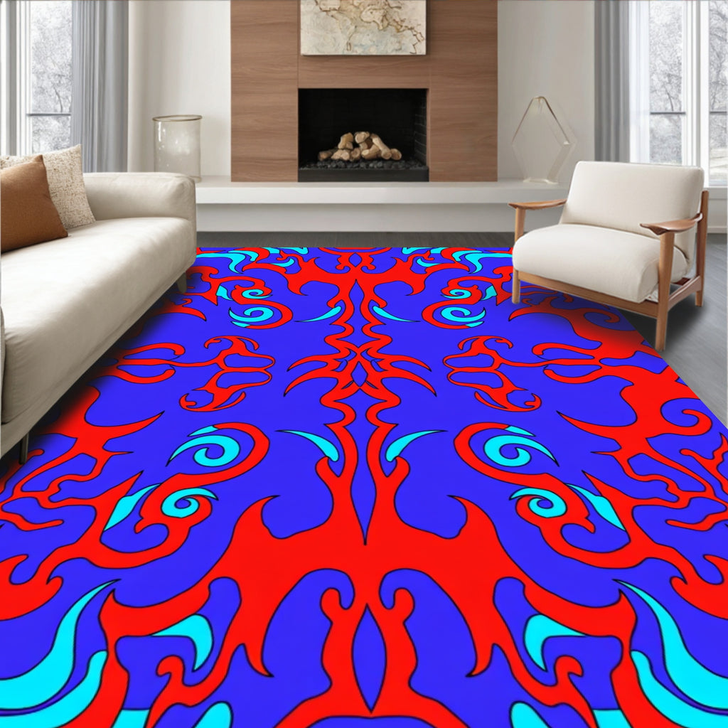 Bold Red Swirl Blue Abstract Rug