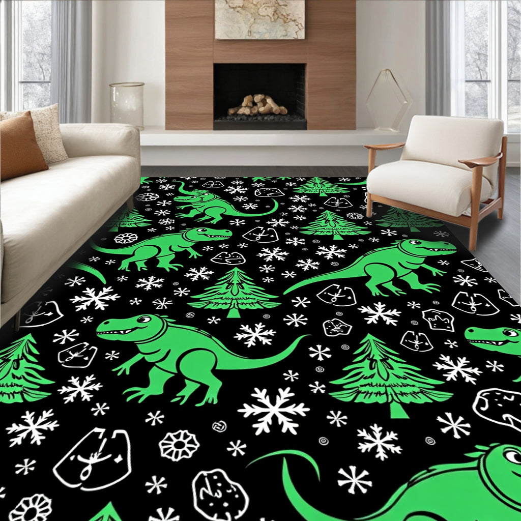 Whimsical Green Dinosaur Snowflake Christmas Trees Rug