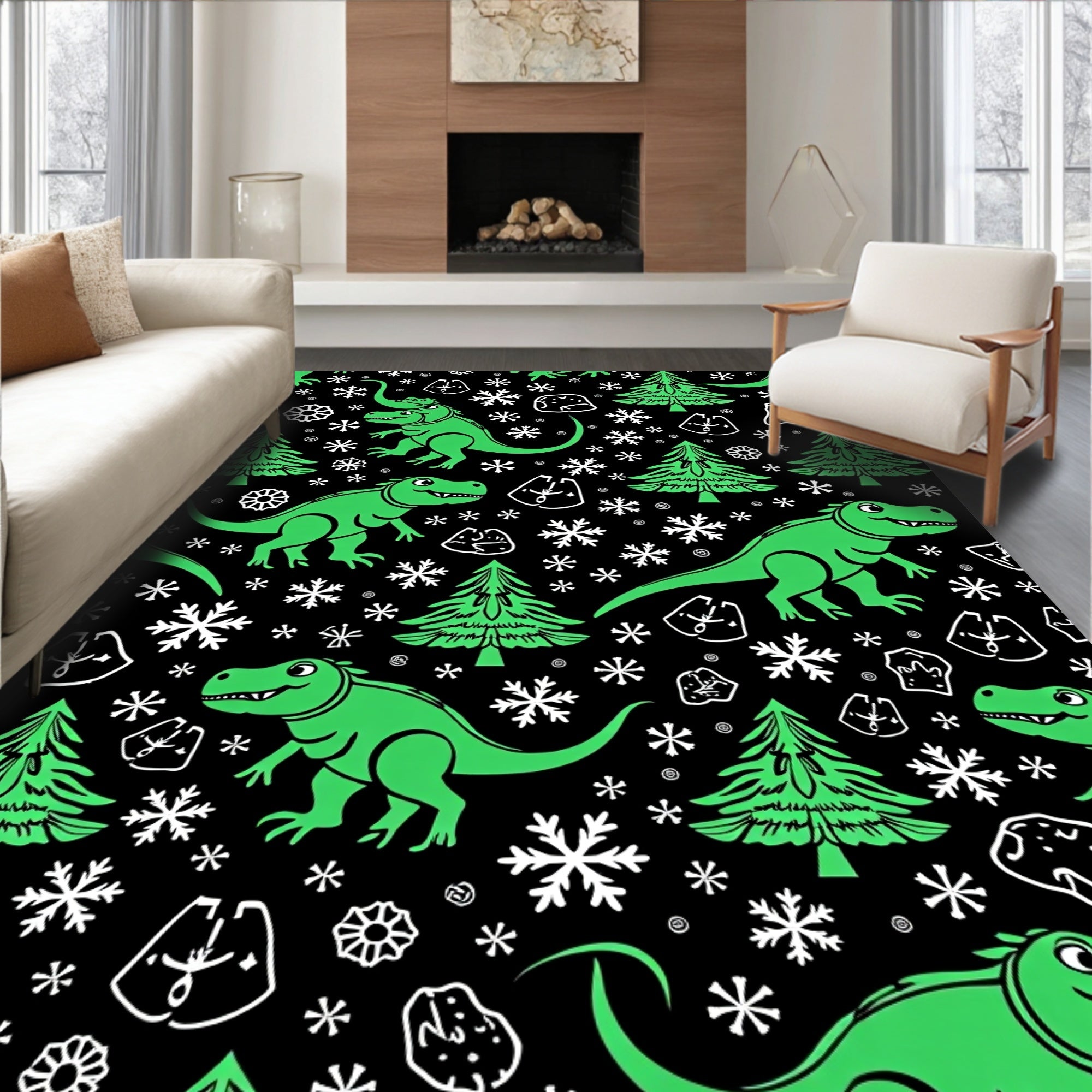 Whimsical Green Dinosaur Snowflake Christmas Trees Rug