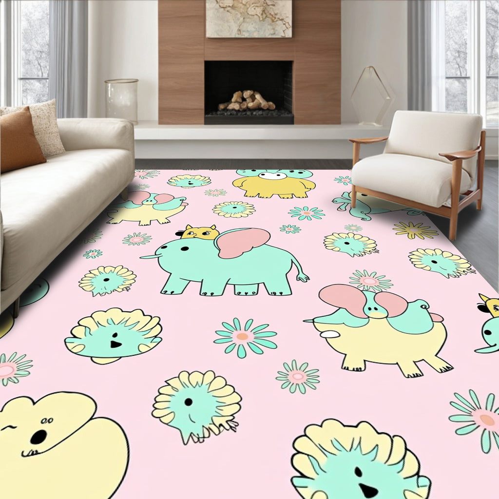 Whimsical Pink Elephant Flower Garden Rug