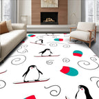 Cute Penguin Snowboarding Red Turquoise Swirls Rug