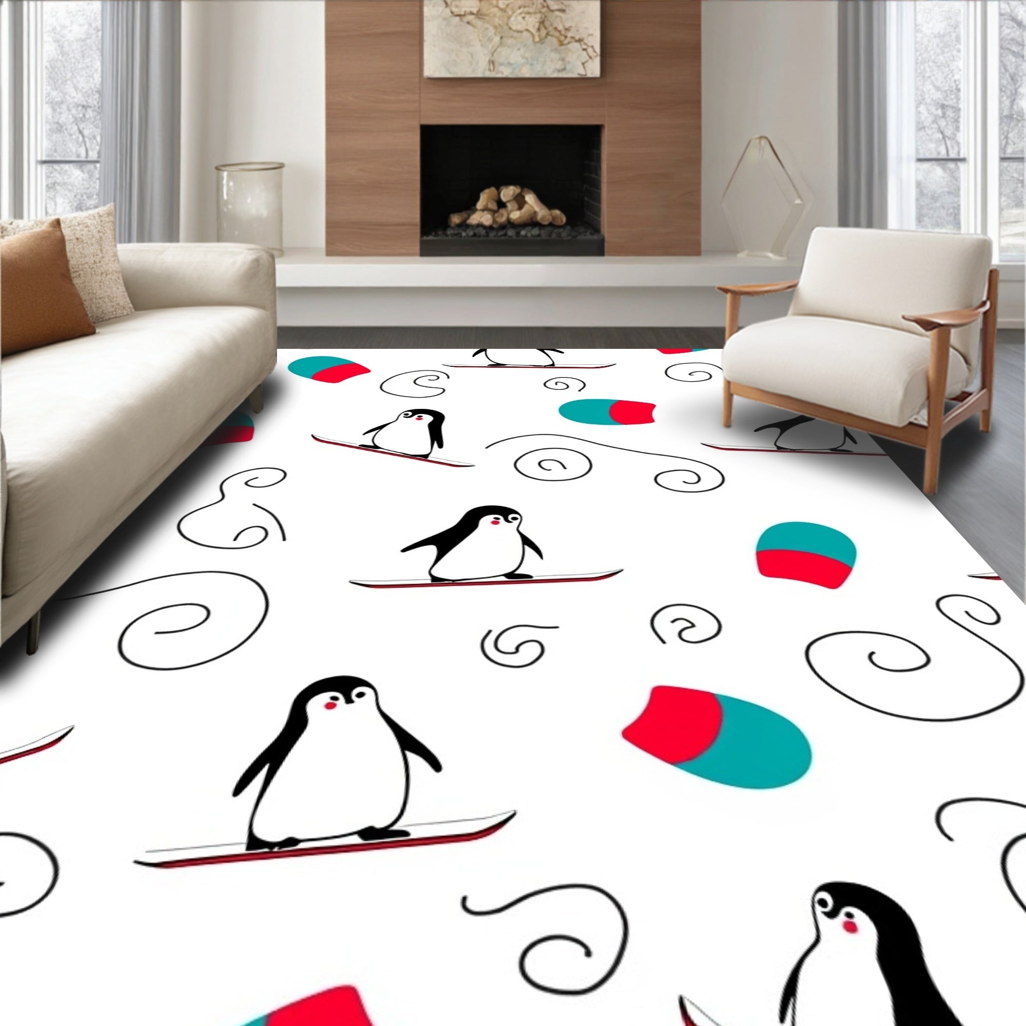 Cute Penguin Snowboarding Red Turquoise Swirls Rug