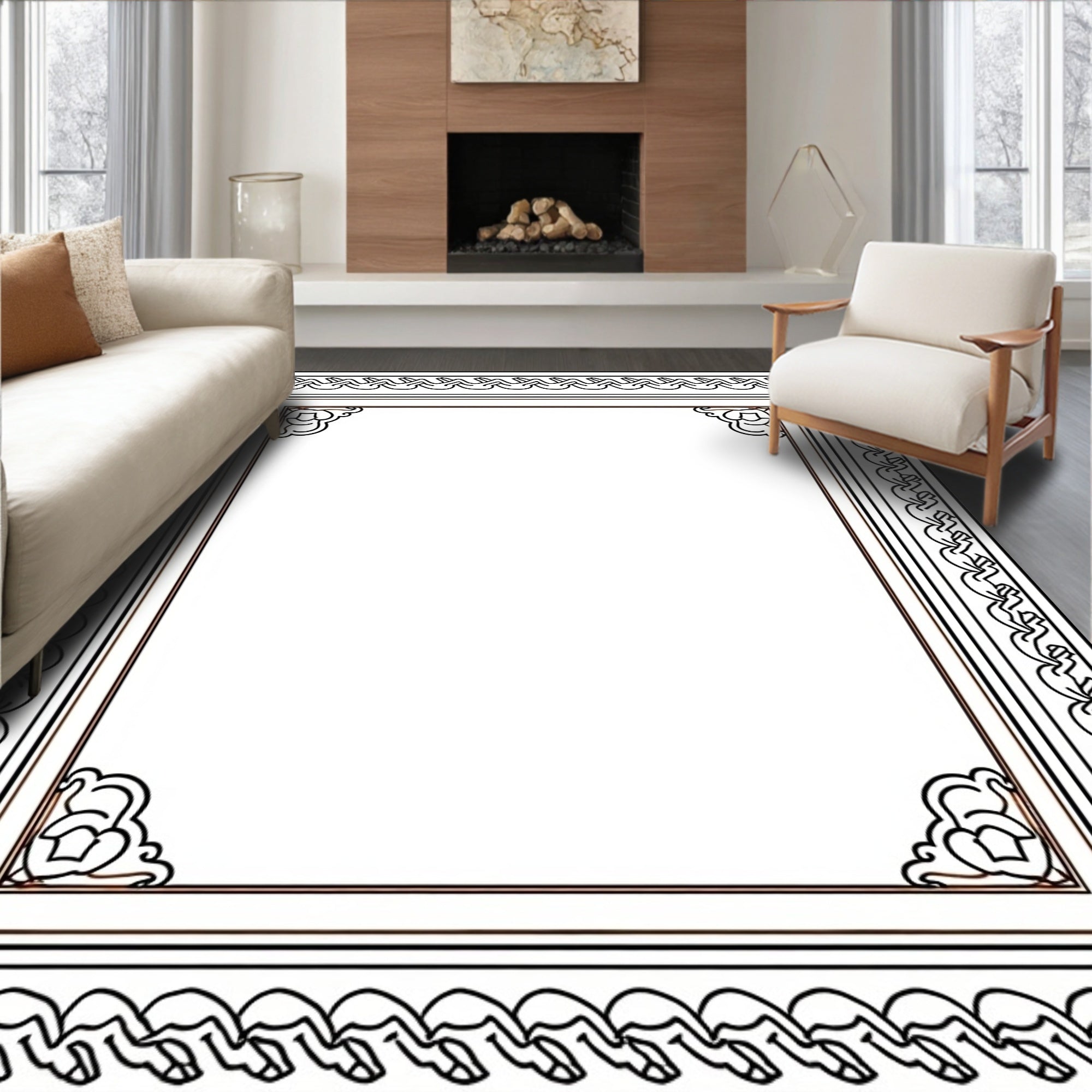 Ornate Black Bordered Geometric Frame Rug