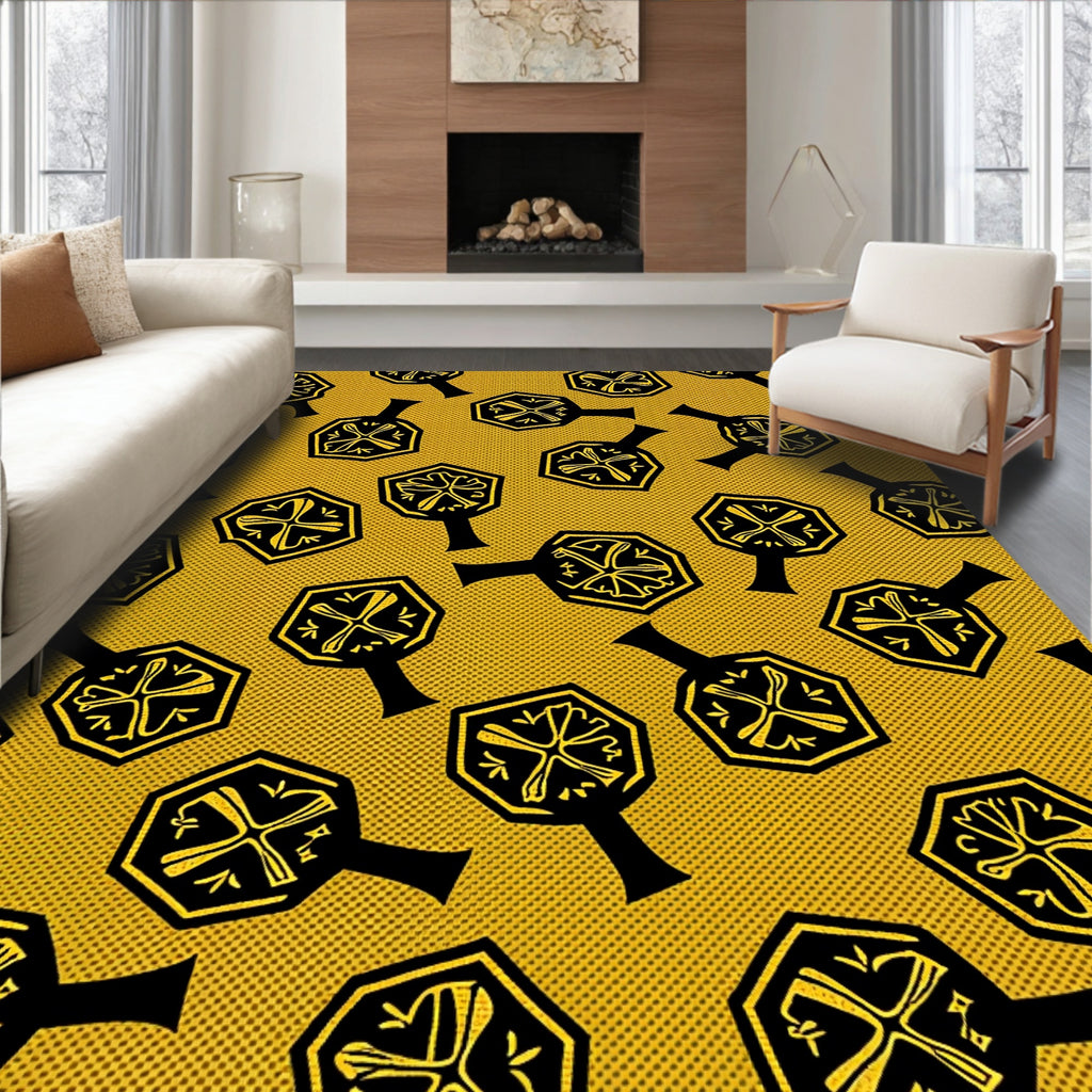 Golden Black Hexagonal Tree Motif Rug
