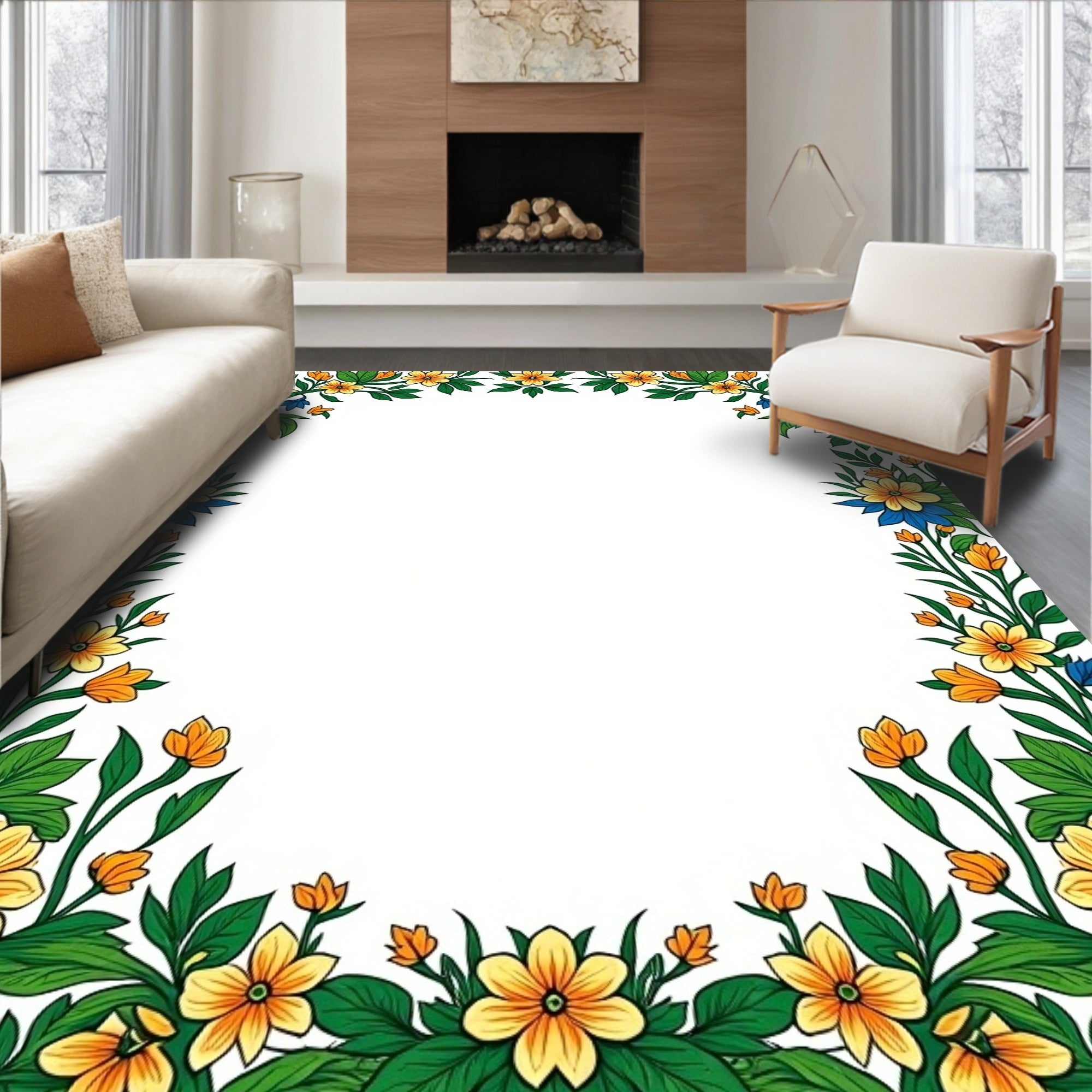Yellow Blue Floral Border Arrangement Rug