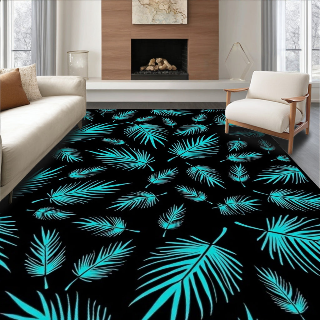 Teal Palm Leaves Black Background Rug