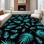 Teal Palm Leaves Black Background Rug