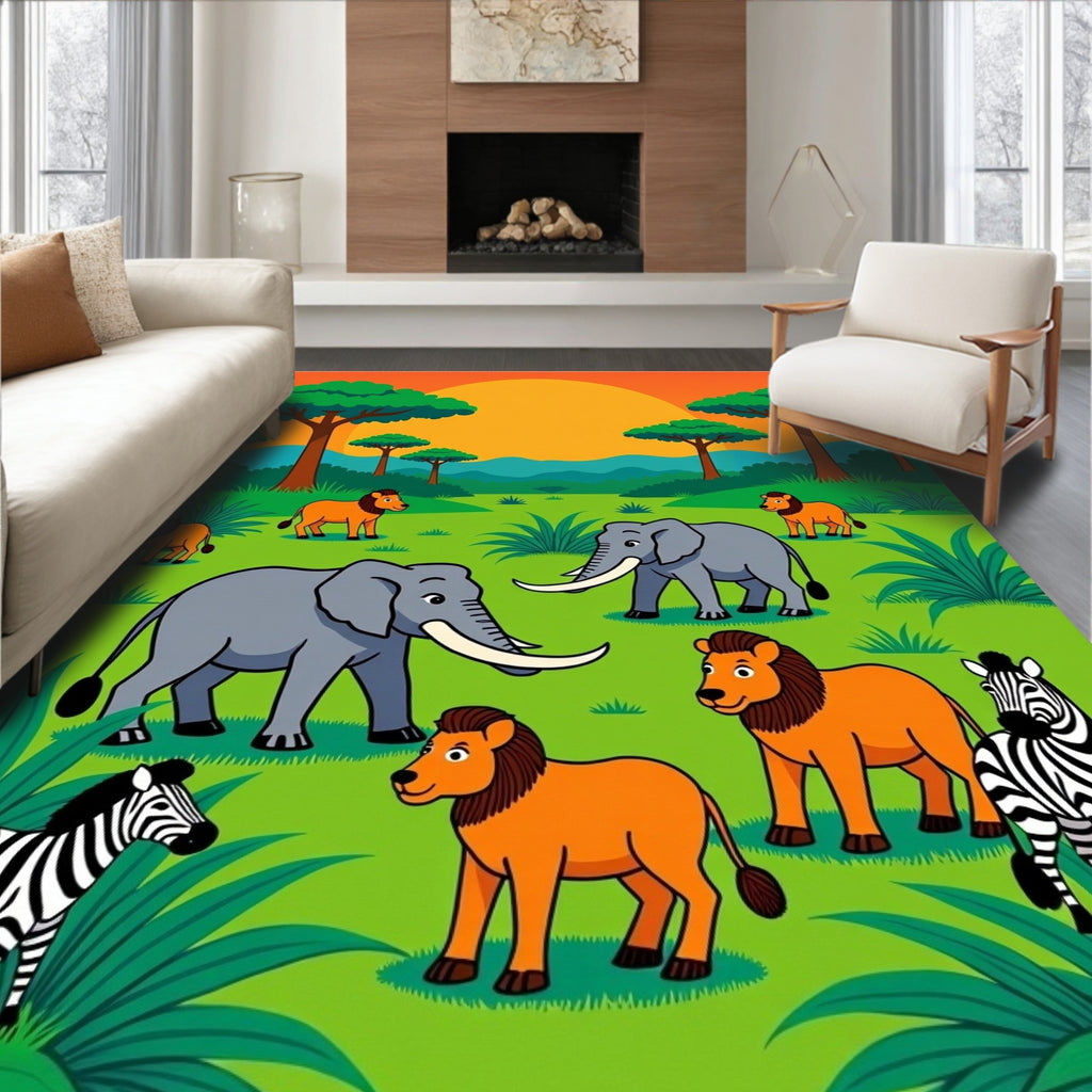 Safari Animals Sunset Meadow Scene Rug
