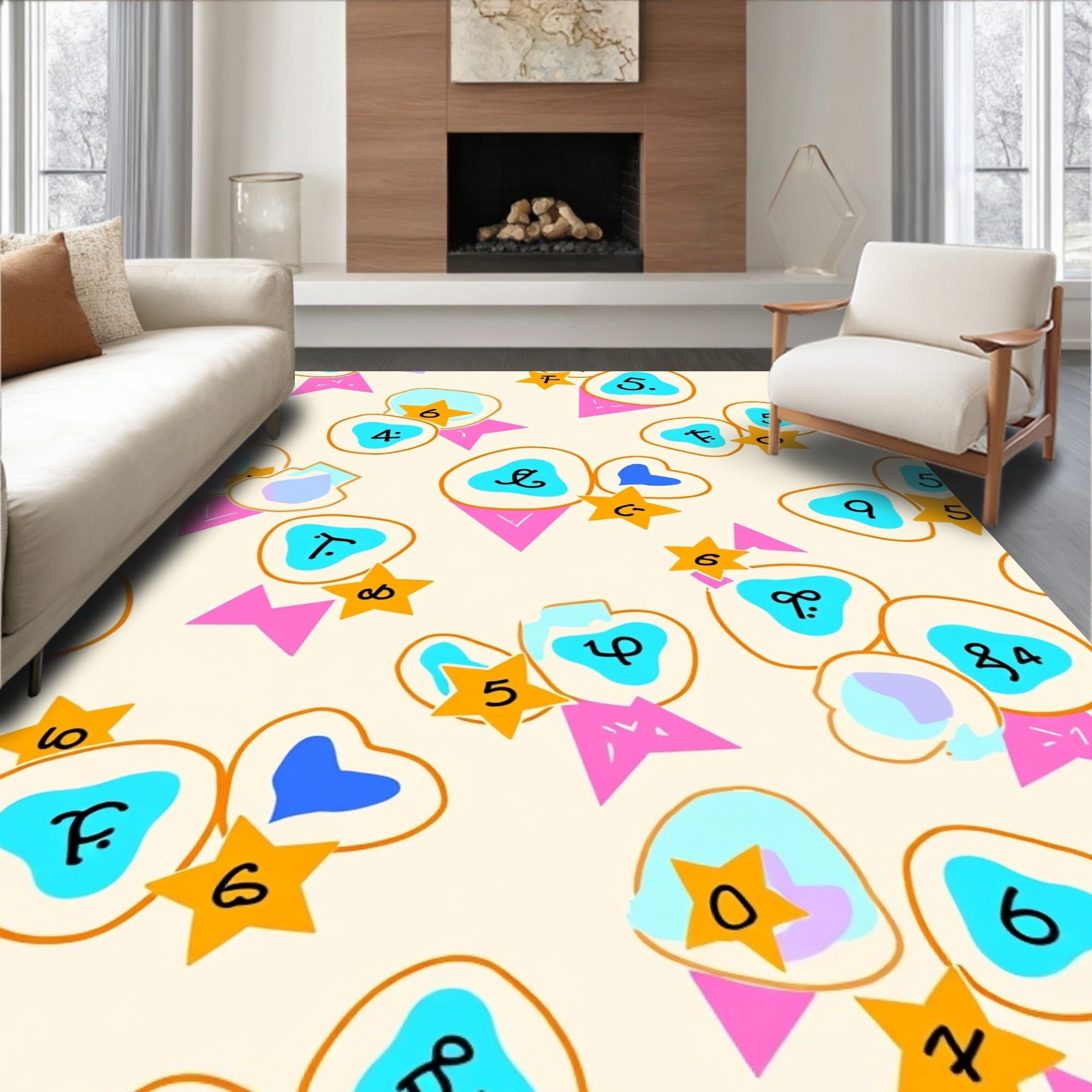 Whimsical Teal Yellow Number Shapes Rug
