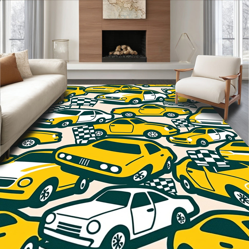 Yellow White Cars Racing Flags Rug