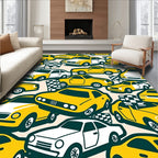 Yellow White Cars Racing Flags Rug