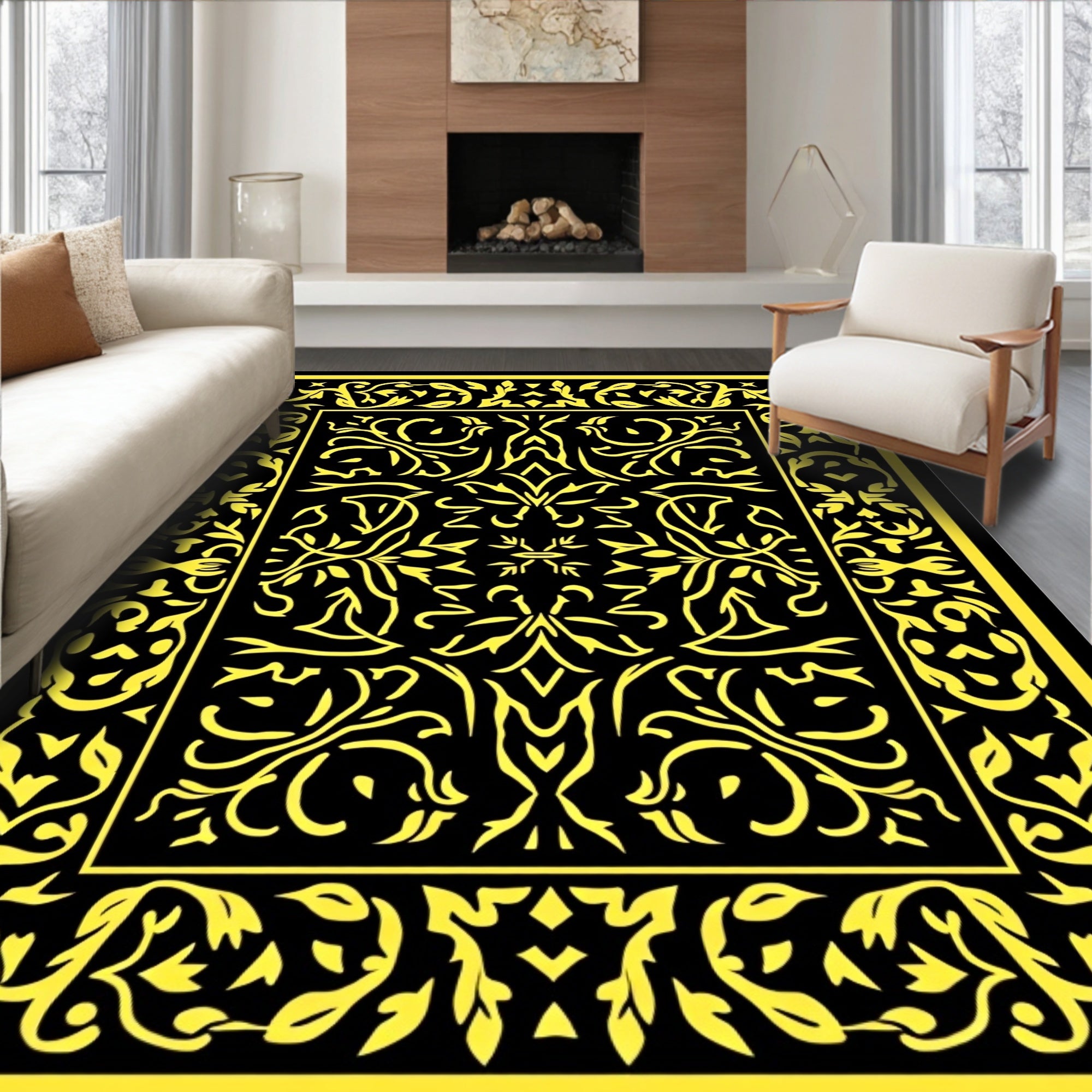 Black Golden Floral Relief Rug