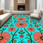 Coral Floral Vines Aqua Background Rug