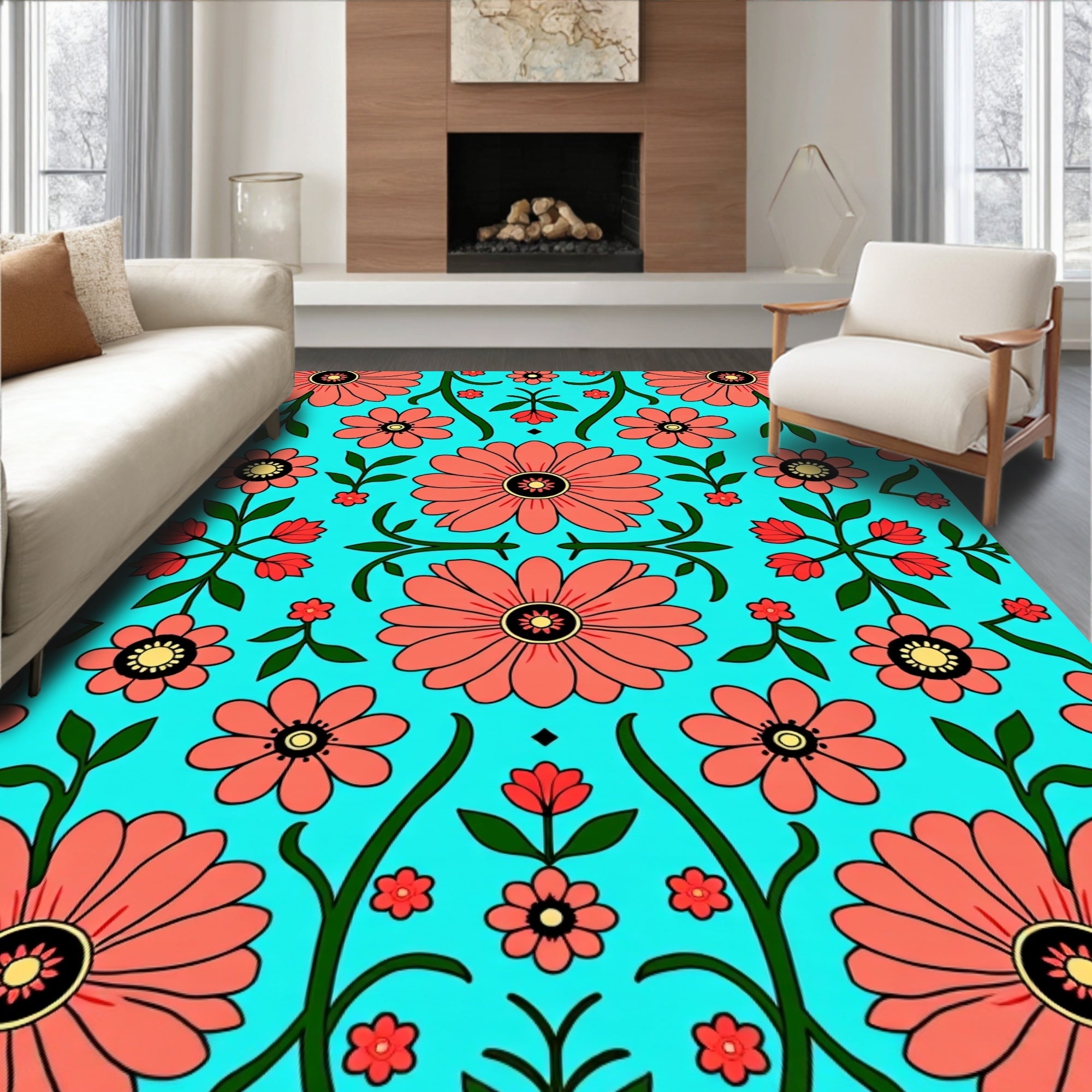 Coral Floral Vines Aqua Background Rug