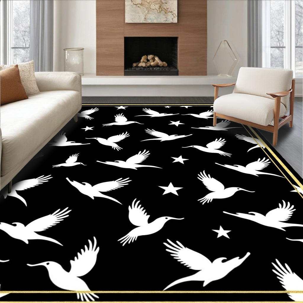 Black White Flying Birds Stars Border Rug