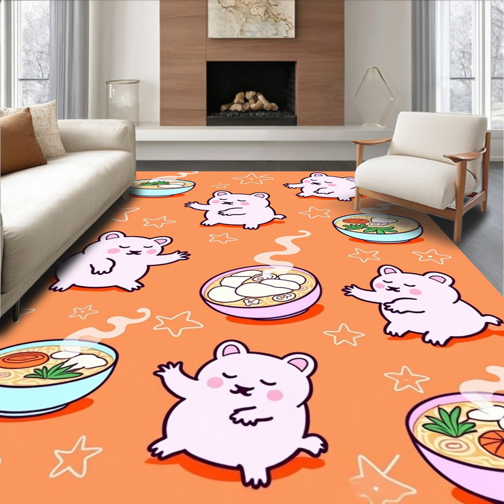 Cute Pink Bears with Ramen Bowls Rug