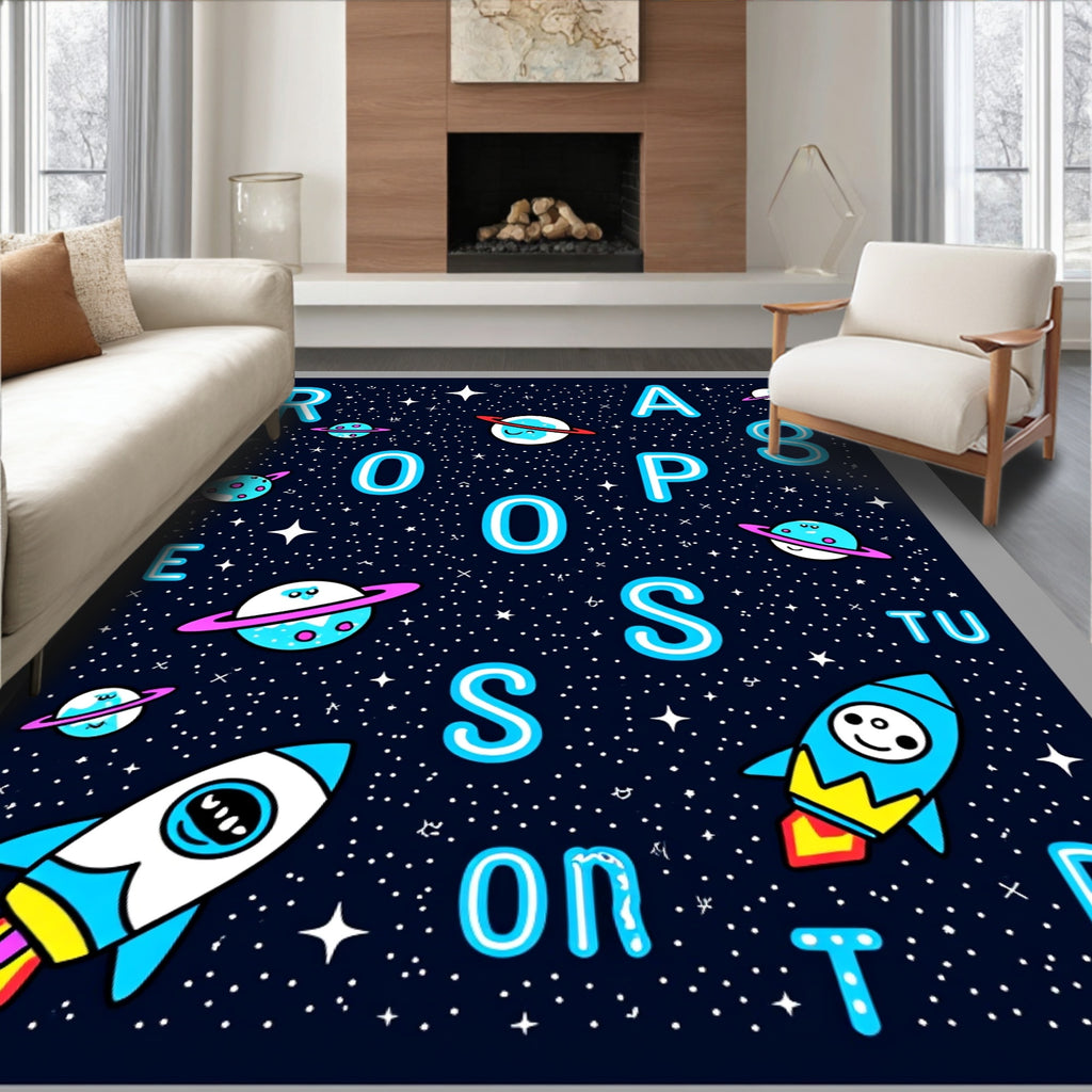 Cosmic Space Rockets Planets Alphabet Rug