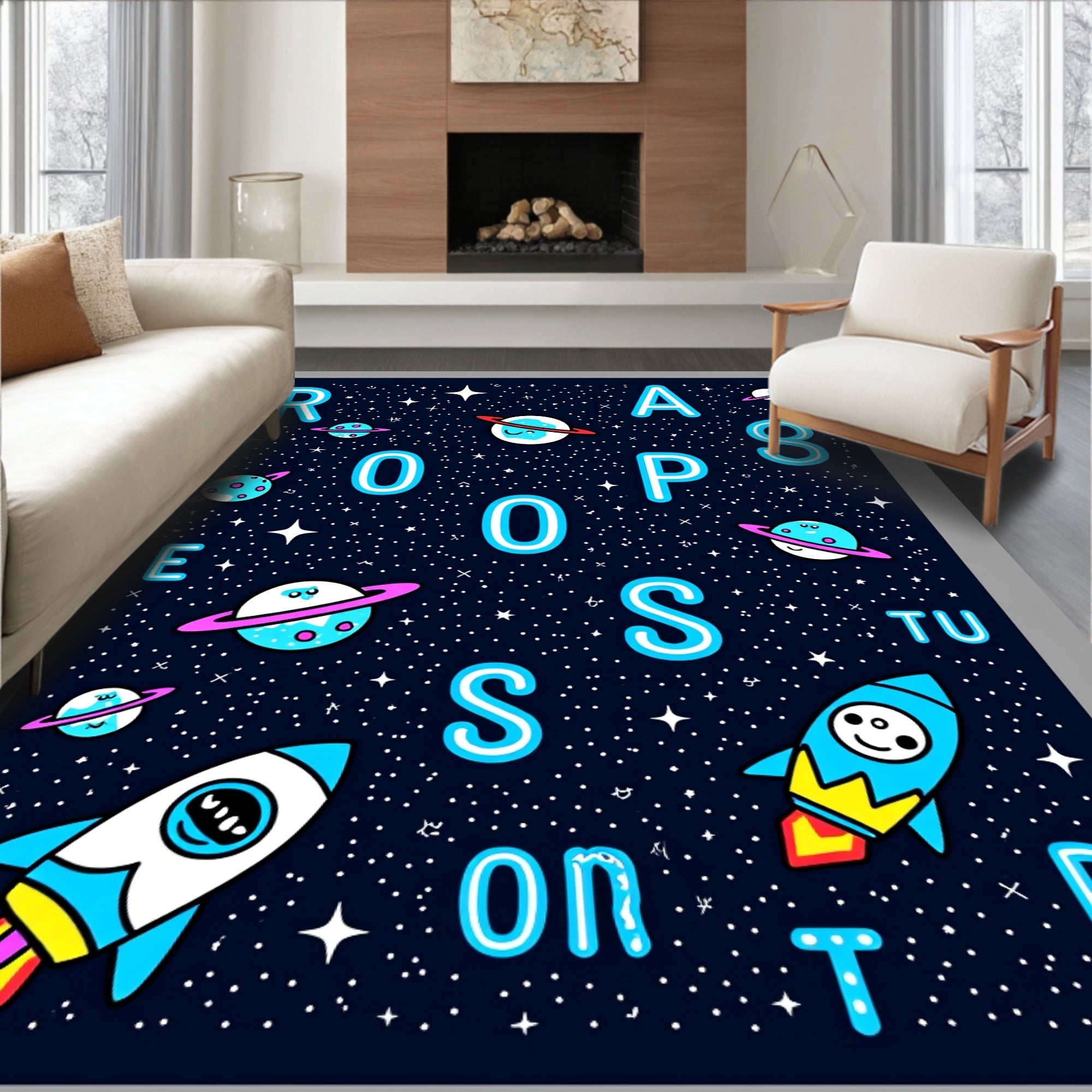 Cosmic Space Rockets Planets Alphabet Rug