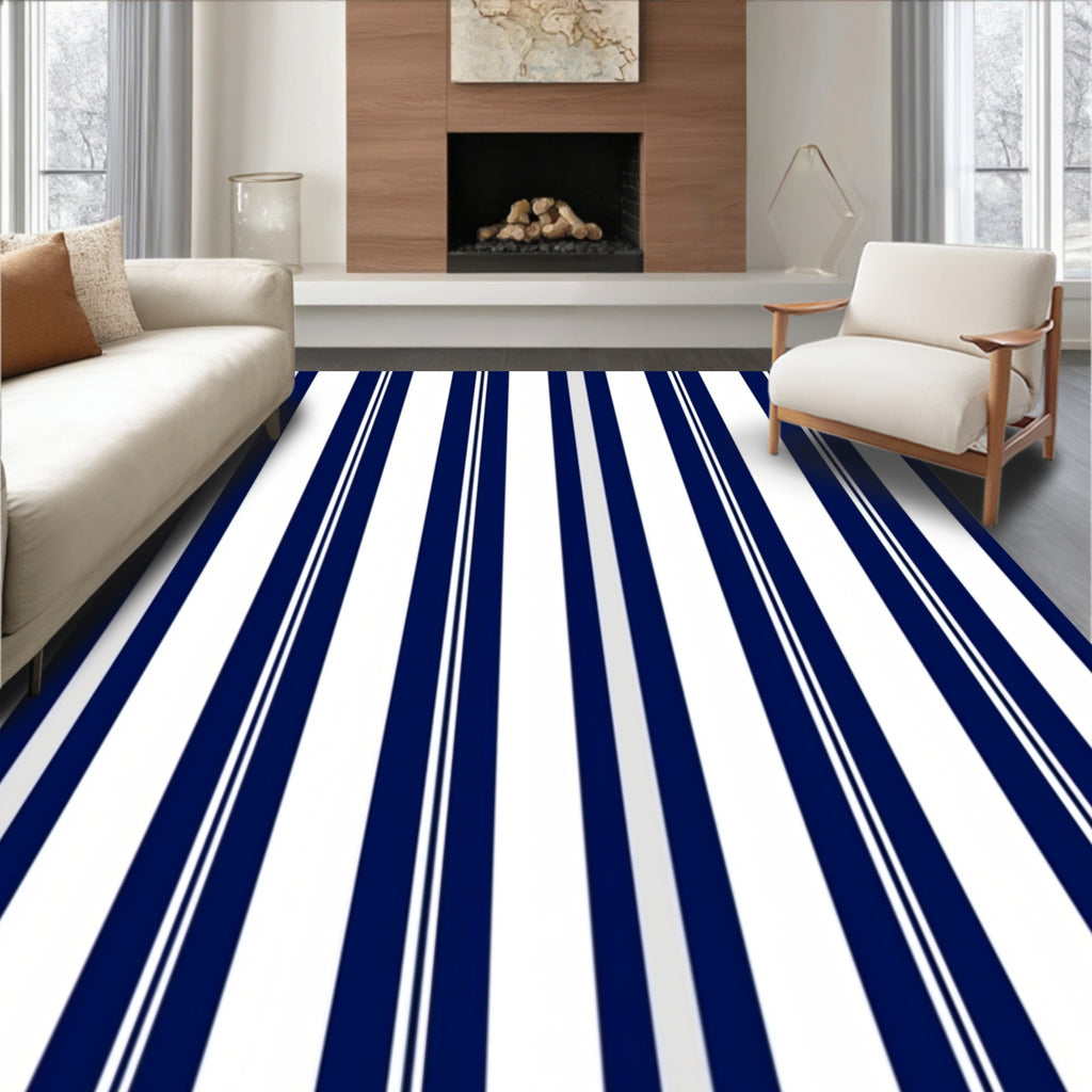 Classic Navy White Pinstripe Stripe Rug