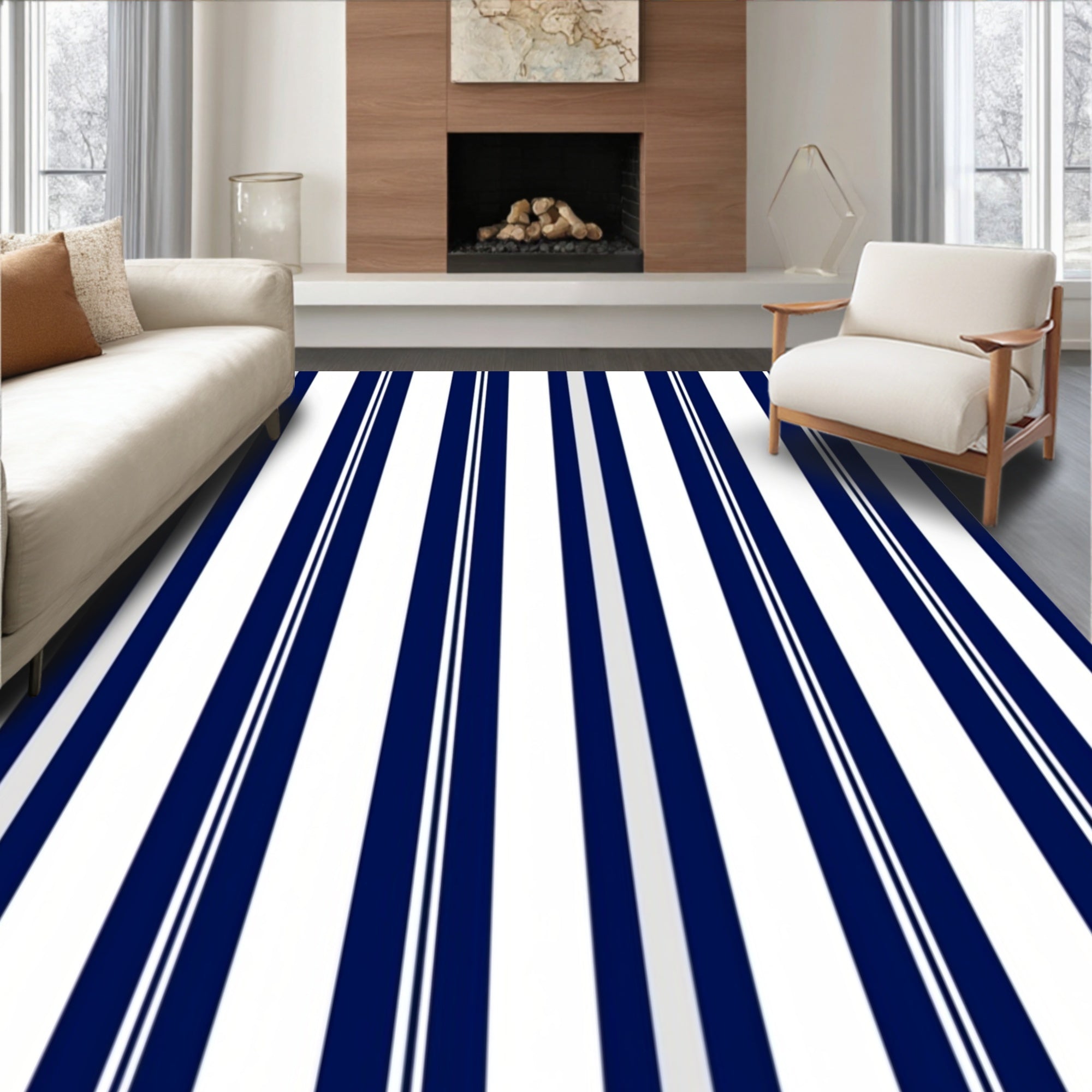 Classic Navy White Pinstripe Stripe Rug