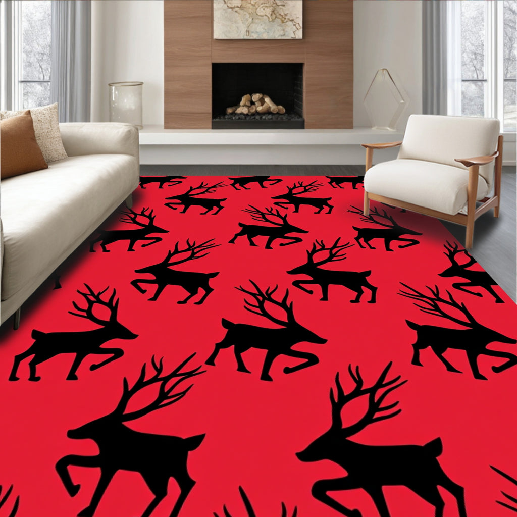 Bold Black Reindeer Silhouette Red Rug