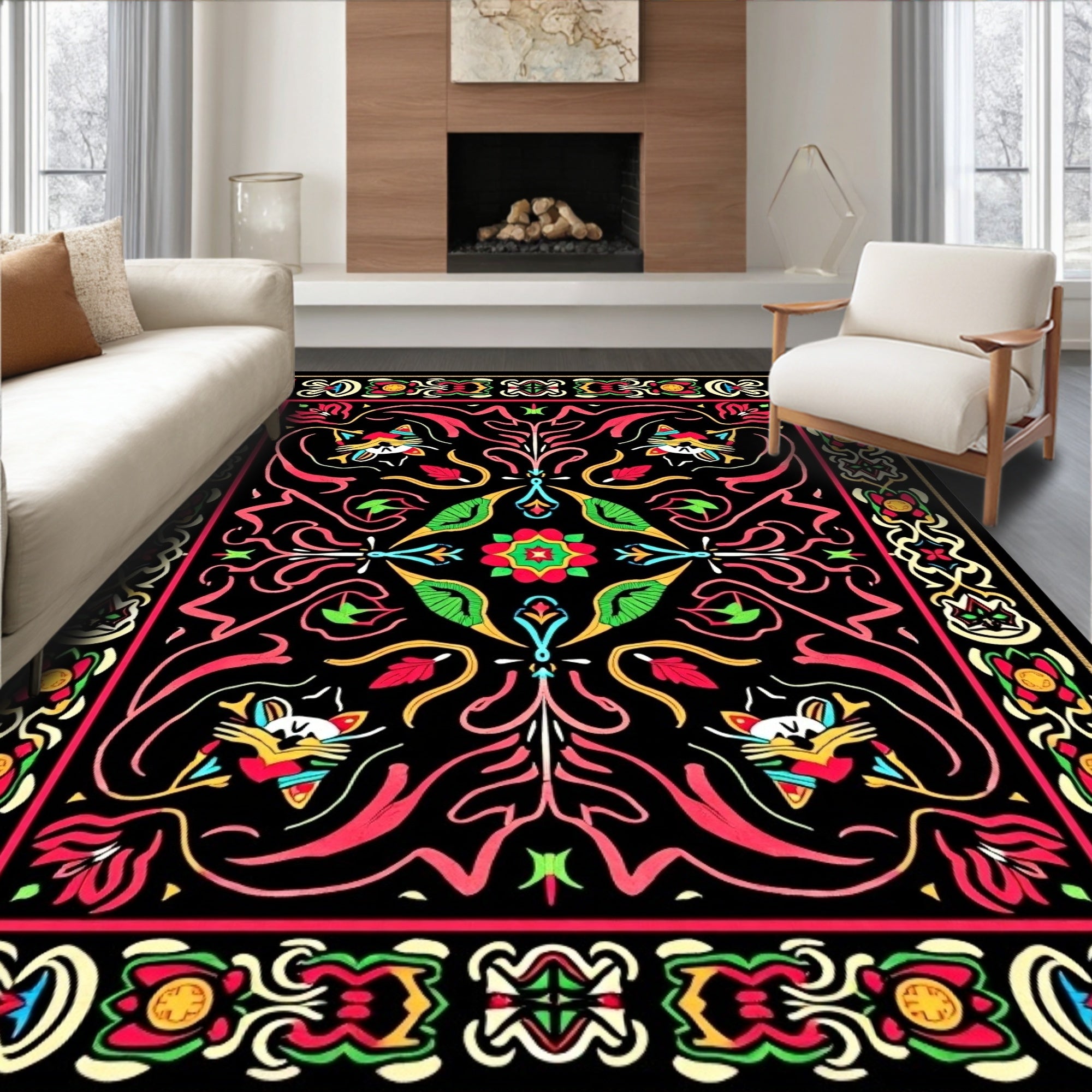 Bold Black Floral Animal Whimsical Rug